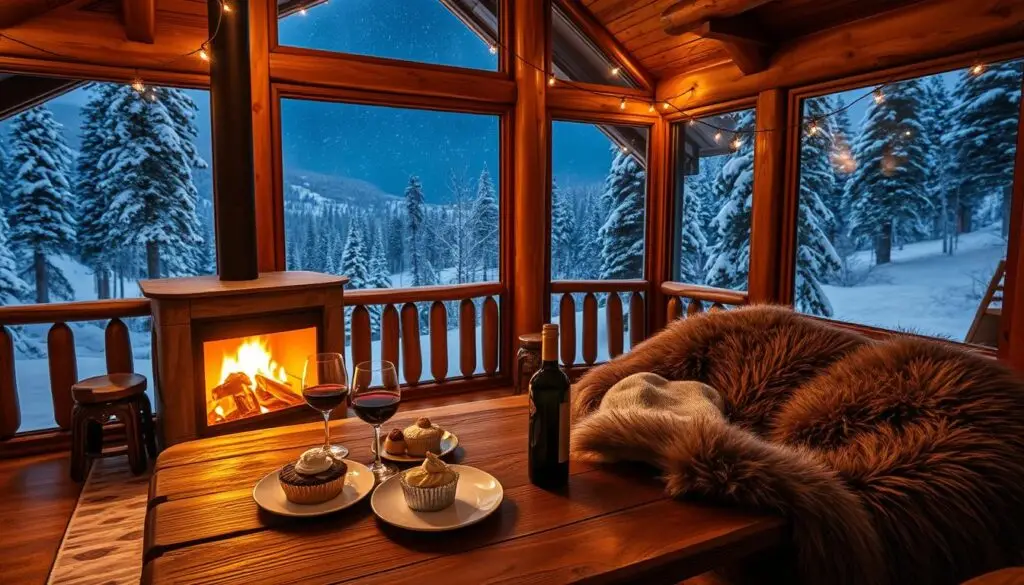A cozy cabin nestled in a serene, snow-covered forest. A warm, crackling fireplace casts a soft glow, illuminating a sumptuous spread of delicate desserts, a bottle of fine wine, and two wine glasses. A pair of plush, faux fur throws adorn a rustic wooden table, inviting the viewer to imagine a romantic anniversary celebration. Through the large, panoramic windows, a breathtaking view of the snowy landscape and a starry night sky is visible. The mood is intimate, cozy, and tranquil, perfectly capturing the essence of a cherished anniversary getaway. A cozy cabin nestled in a serene, snow-covered forest. A warm, crackling fireplace casts a soft glow, illuminating a sumptuous spread of delicate desserts, a bottle of fine wine, and two wine glasses. A pair of plush, faux fur throws adorn a rustic wooden table, inviting the viewer to imagine a romantic anniversary celebration. Through the large, panoramic windows, a breathtaking view of the snowy landscape and a starry night sky is visible. The mood is intimate, cozy, and tranquil, perfectly capturing the essence of a cherished anniversary getaway.