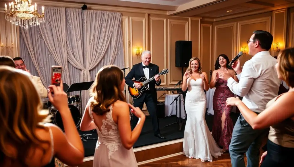 A lively wedding reception scene, with a talented musical ensemble performing on a stage against a backdrop of elegant decor. In the foreground, guests sway and dance to the upbeat rhythms, their faces alight with joy. The middle ground showcases the skilled musicians, their instruments and expressions capturing the energy of the moment. In the background, tasteful lighting and subtle details create a warm, festive atmosphere, reflecting the celebration at hand. Vibrant colors, dynamic composition, and a sense of movement evoke the spirit of a joyous wedding celebration. A lively wedding reception scene, with a talented musical ensemble performing on a stage against a backdrop of elegant decor. In the foreground, guests sway and dance to the upbeat rhythms, their faces alight with joy. The middle ground showcases the skilled musicians, their instruments and expressions capturing the energy of the moment. In the background, tasteful lighting and subtle details create a warm, festive atmosphere, reflecting the celebration at hand. Vibrant colors, dynamic composition, and a sense of movement evoke the spirit of a joyous wedding celebration.