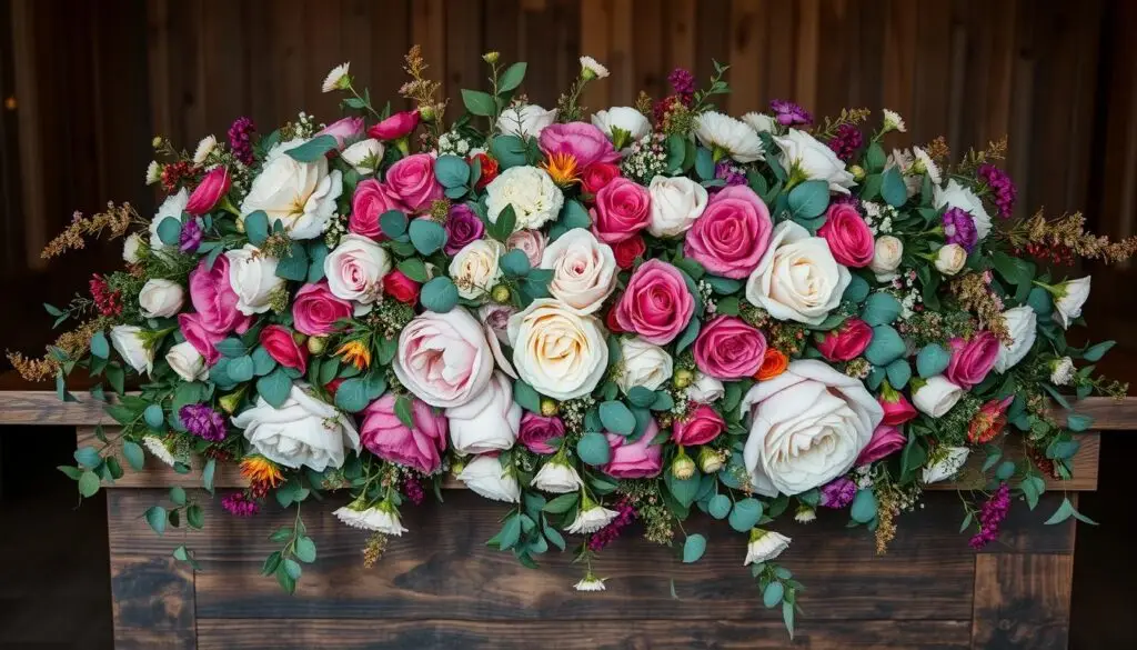 A lush, opulent floral arrangement cascades across a rustic wooden table, its delicate blooms and foliage arranged in a harmonious, artful display. Vibrant seasonal flowers such as peonies, roses, and eucalyptus intermingle, their colors and textures complementing each other. Soft, diffused lighting bathes the scene, creating a warm, inviting atmosphere. The arrangement is framed by a backdrop of earthy tones and natural textures, evoking the essence of an elegant, sophisticated wedding reception. The overall composition exudes a sense of timeless elegance and the beauty of nature-inspired decor. A lush, opulent floral arrangement cascades across a rustic wooden table, its delicate blooms and foliage arranged in a harmonious, artful display. Vibrant seasonal flowers such as peonies, roses, and eucalyptus intermingle, their colors and textures complementing each other. Soft, diffused lighting bathes the scene, creating a warm, inviting atmosphere. The arrangement is framed by a backdrop of earthy tones and natural textures, evoking the essence of an elegant, sophisticated wedding reception. The overall composition exudes a sense of timeless elegance and the beauty of nature-inspired decor.