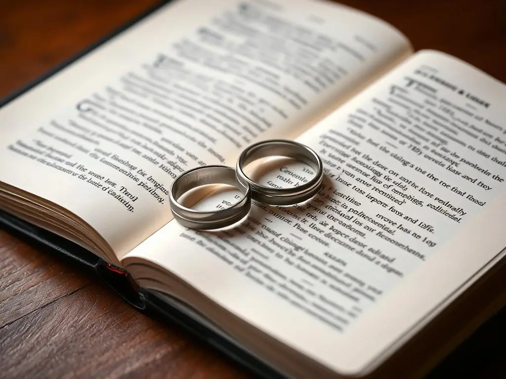 Dwie obrączki ślubne leżące na Biblii - symbol czystości przedmałżeńskiej Dwie obrączki ślubne leżące na Biblii - symbol czystości przedmałżeńskiej