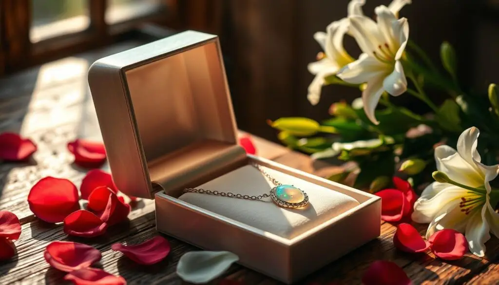 Elegant opalescent jewelry box resting on a rustic wooden table, beams of warm afternoon sunlight filtering through a nearby window. Inside, a exquisite opal necklace nestled on a soft velvet lining, shimmering with an iridescent glow. Surrounding the box, scattered rose petals and a bouquet of fragrant white lilies, creating a romantic, intimate atmosphere. The composition is framed by a softly blurred background, placing the focus on the anniversary gift. A sense of thoughtfulness, timelessness and cherished love radiates from the scene. Elegant opalescent jewelry box resting on a rustic wooden table, beams of warm afternoon sunlight filtering through a nearby window. Inside, a exquisite opal necklace nestled on a soft velvet lining, shimmering with an iridescent glow. Surrounding the box, scattered rose petals and a bouquet of fragrant white lilies, creating a romantic, intimate atmosphere. The composition is framed by a softly blurred background, placing the focus on the anniversary gift. A sense of thoughtfulness, timelessness and cherished love radiates from the scene.