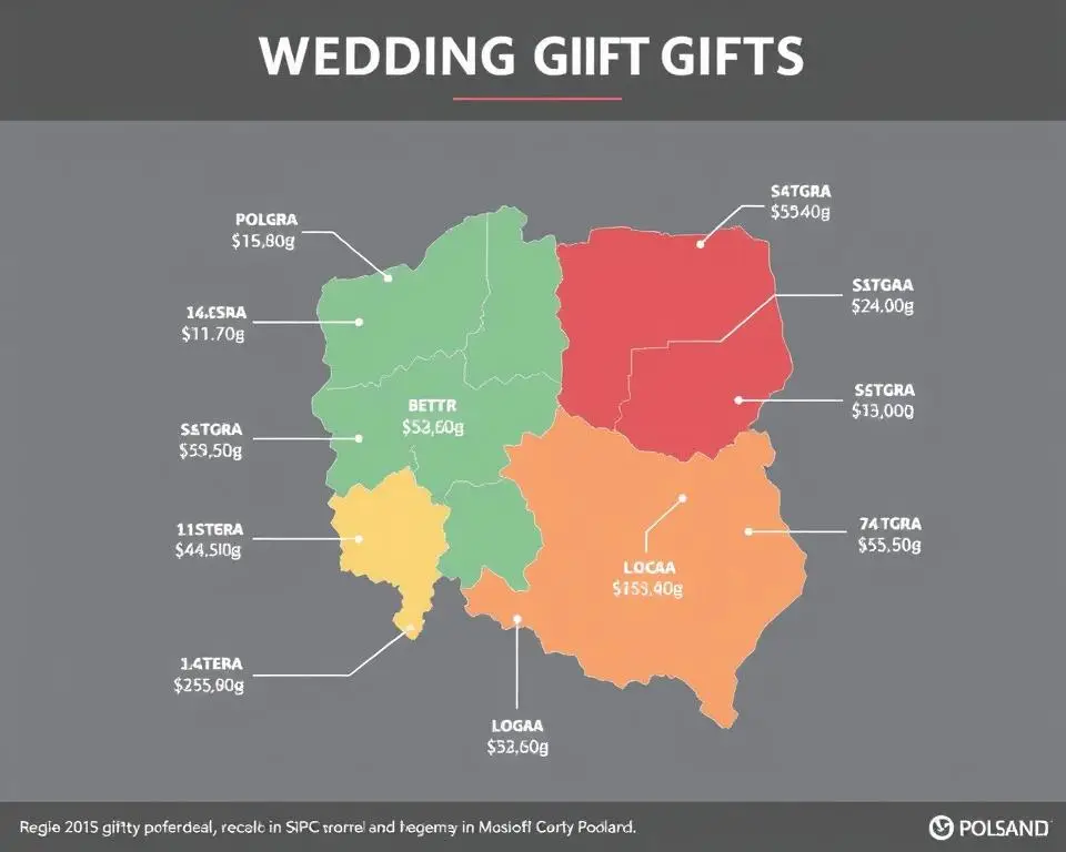 Mapa Polski pokazująca regionalne różnice w kwotach prezentów ślubnych
