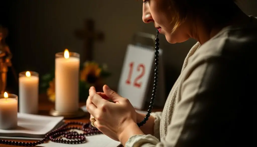 Osoba modląca się z różańcem w dłoniach - przygotowanie do rachunku sumienia Osoba modląca się z różańcem w dłoniach - przygotowanie do rachunku sumienia