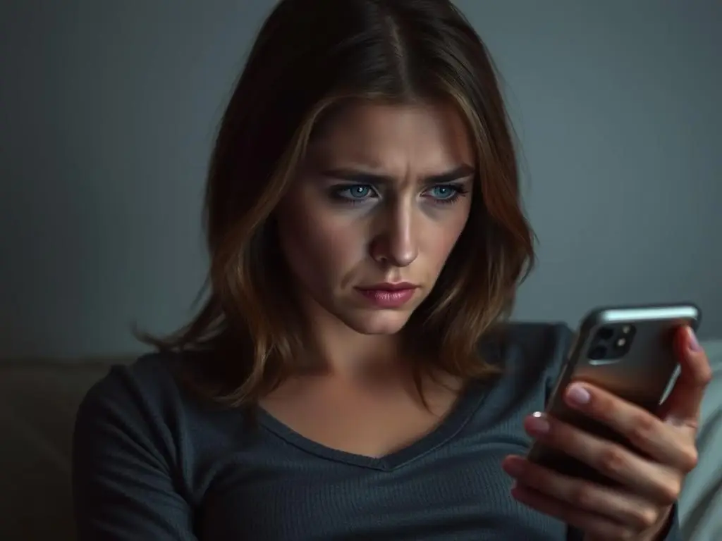 Osoba patrząca na telefon z wyrazem niepokoju - symbol sekstingu i zdrady emocjonalnej Osoba patrząca na telefon z wyrazem niepokoju - symbol sekstingu i zdrady emocjonalnej