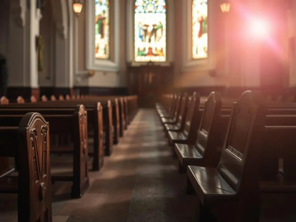 Pusta ławka w kościele - symbol zaniedbania praktyk religijnych Pusta ławka w kościele - symbol zaniedbania praktyk religijnych