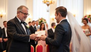 Rodzice chrzestni wręczający prezent młodej parze na weselu