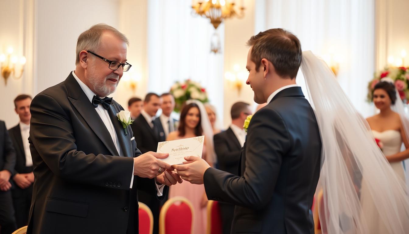 Rodzice chrzestni wręczający prezent młodej parze na weselu