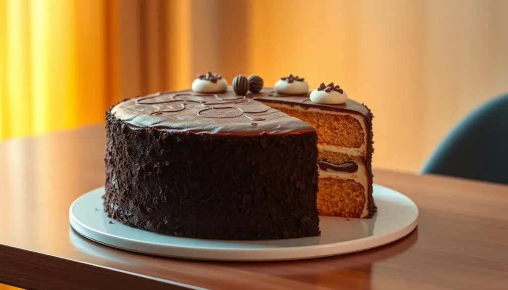A 2 kg cake takes center stage, its rich, velvety texture and elegant design commanding attention. The cross-section reveals generous slices, each one a delightful portion for guests to savor. Warm lighting casts a inviting glow, highlighting the cake's intricate detailing and the anticipation of its delectable flavors. A modern, minimalist table setting provides a sleek backdrop, allowing the cake to be the star of the scene. The composition is crisp and well-balanced, capturing the perfect serving size for a gathering of friends and family to enjoy.
