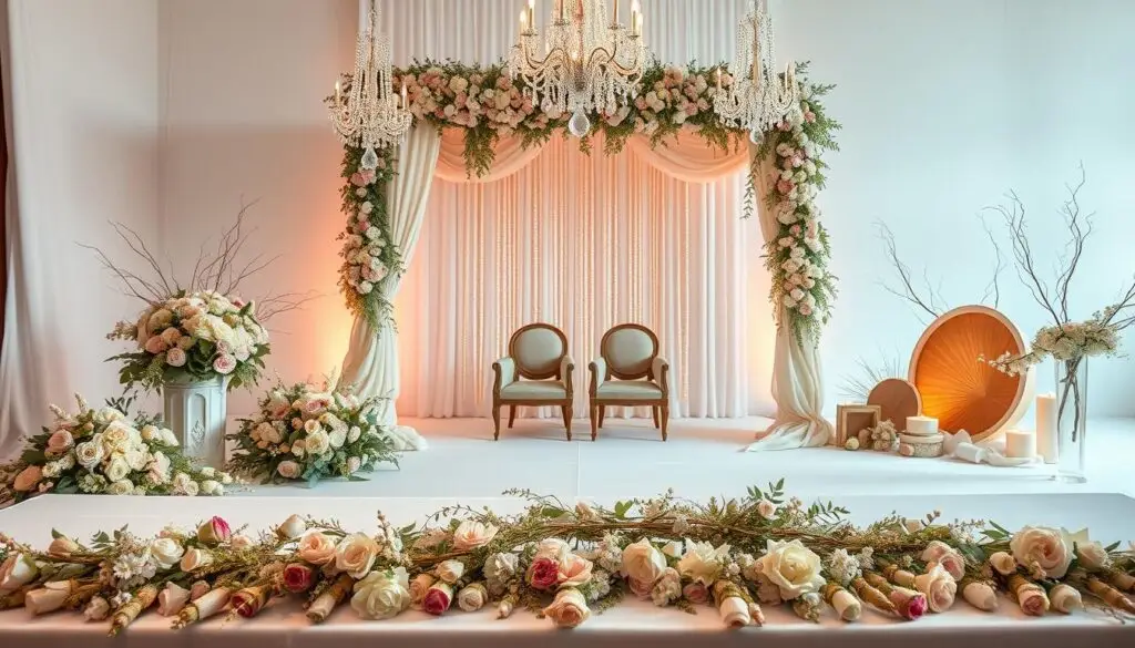A beautifully curated display of elegant wedding decor materials - lush floral garlands, opulent draped fabrics, sparkling crystal chandeliers, and natural wooden accents. Captured in soft, warm lighting and a dreamy, romantic atmosphere. The foreground features an assortment of high-quality, artisanal decorative elements laid out on a pristine white tabletop. The middle ground showcases an ornate, freestanding wedding arch or backdrop structure, adorned with cascading vines and blooms. In the background, a serene, pastel-colored studio setting with subtle textures and minimal distractions, allowing the wedding decor to take center stage. The overall composition exudes a sense of elegance, sophistication, and inspiration for creating a breathtaking wedding ceremony backdrop.