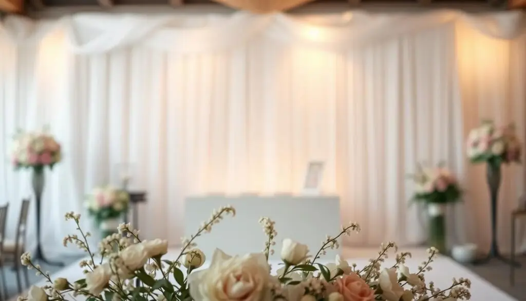 A beautifully decorated wedding backdrop, with a soft, romantic ambiance. The foreground features a delicate floral arrangement, creating a captivating focal point. The middle ground showcases a sleek, minimalist design, with clean lines and a neutral color palette that complements the overall aesthetic. The background is a dreamy, out-of-focus blur, evoking a sense of depth and intimacy. The lighting is gentle and flattering, casting a warm, golden glow that enhances the elegance of the scene. The camera is positioned at a slight angle, capturing the backdrop in a visually striking and compelling manner.
