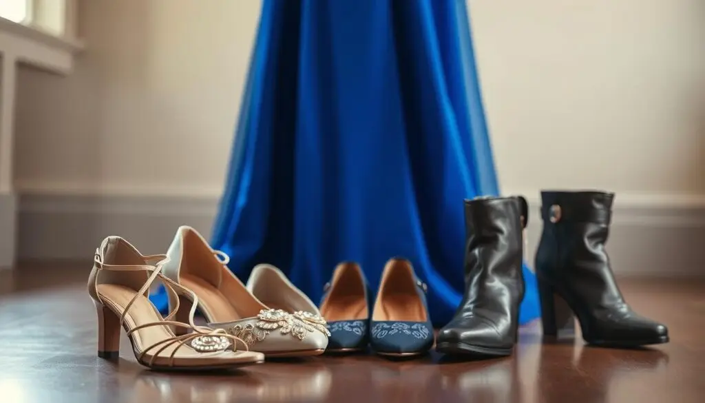 A beautifully styled composition featuring a variety of footwear options complementing a stunning blue dress. In the foreground, a pair of delicate strappy heels with metallic accents glisten under warm, flattering lighting. Alongside, a set of elegant ballet flats with intricate embroidery patterns add a touch of refined sophistication. In the middle ground, a sleek pair of ankle boots with subtle hardware details stands ready to provide a bold, confident finish. The background subtly blurs, allowing the focal point of the footwear to shine. The overall mood is one of refined elegance, inviting the viewer to imagine pairing these stylish options with the featured blue dress for a timeless, head-turning wedding guest ensemble.