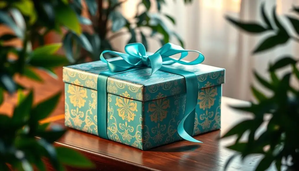 A beautifully wrapped, turquoise-hued gift box rests on a polished, wooden table. Intricate patterns of silver and gold adorn the box, reflecting the warm, soft lighting that casts a gentle glow. Delicate ribbons and bows in shimmering shades of teal gracefully cascade over the edges, adding a touch of elegance. The composition is framed by lush, verdant foliage and subtle, atmospheric shadows, creating a serene and celebratory ambiance, perfect for commemorating an 18th wedding anniversary. A beautifully wrapped, turquoise-hued gift box rests on a polished, wooden table. Intricate patterns of silver and gold adorn the box, reflecting the warm, soft lighting that casts a gentle glow. Delicate ribbons and bows in shimmering shades of teal gracefully cascade over the edges, adding a touch of elegance. The composition is framed by lush, verdant foliage and subtle, atmospheric shadows, creating a serene and celebratory ambiance, perfect for commemorating an 18th wedding anniversary.