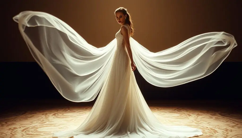 A bride standing gracefully, her elegant wedding dress flowing behind her, the delicate train cascading to the floor in a soft, cinematic sway. The lighting is soft and warm, casting a gentle glow on the shimmering fabric. The composition places the bride in the center, the train taking up the majority of the frame, creating a sense of grandeur and timeless beauty. The background is slightly blurred, allowing the focus to remain on the intricate details of the dress and the bride's serene expression. The overall mood is one of sophistication, romance, and the anticipation of a special day. A bride standing gracefully, her elegant wedding dress flowing behind her, the delicate train cascading to the floor in a soft, cinematic sway. The lighting is soft and warm, casting a gentle glow on the shimmering fabric. The composition places the bride in the center, the train taking up the majority of the frame, creating a sense of grandeur and timeless beauty. The background is slightly blurred, allowing the focus to remain on the intricate details of the dress and the bride's serene expression. The overall mood is one of sophistication, romance, and the anticipation of a special day.