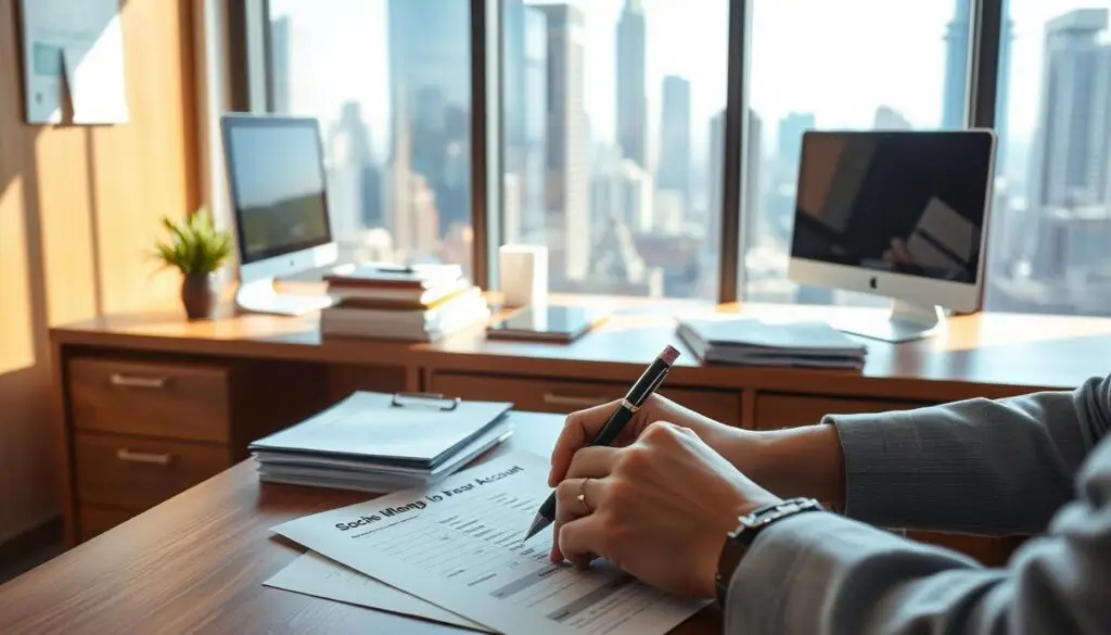 A brightly lit office interior with a wooden desk, a desktop computer, and stacks of documents. In the foreground, a person's hands are filling out paperwork, likely related to updating bank account information after a recent marriage. The background features a large window overlooking a bustling city skyline, casting a warm, natural light onto the scene. The overall atmosphere is one of professionalism and efficiency, reflecting the practical task at hand. The image should convey the sense of an important financial transaction being carried out in a modern, well-appointed workspace. A brightly lit office interior with a wooden desk, a desktop computer, and stacks of documents. In the foreground, a person's hands are filling out paperwork, likely related to updating bank account information after a recent marriage. The background features a large window overlooking a bustling city skyline, casting a warm, natural light onto the scene. The overall atmosphere is one of professionalism and efficiency, reflecting the practical task at hand. The image should convey the sense of an important financial transaction being carried out in a modern, well-appointed workspace.
