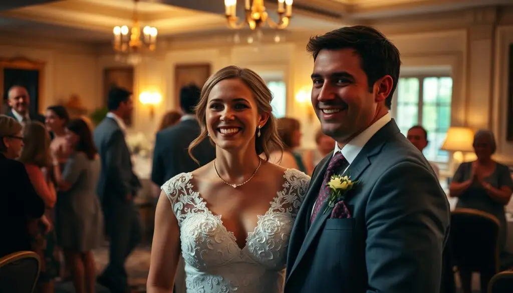 A candid, documentary-style scene of a civil wedding ceremony aftermath. In the foreground, the newlyweds stand together, their faces beaming with joy and pride as they take in the moment. The middle ground features their guests mingling, sharing laughter and congratulations. The background reveals a tastefully decorated reception hall, with warm lighting and elegant furnishings creating an intimate, celebratory atmosphere. The composition captures the sense of community, intimacy, and heartfelt emotion that permeates the occasion, inviting the viewer to feel the energy and warmth of this special moment in the couple's lives. A candid, documentary-style scene of a civil wedding ceremony aftermath. In the foreground, the newlyweds stand together, their faces beaming with joy and pride as they take in the moment. The middle ground features their guests mingling, sharing laughter and congratulations. The background reveals a tastefully decorated reception hall, with warm lighting and elegant furnishings creating an intimate, celebratory atmosphere. The composition captures the sense of community, intimacy, and heartfelt emotion that permeates the occasion, inviting the viewer to feel the energy and warmth of this special moment in the couple's lives.