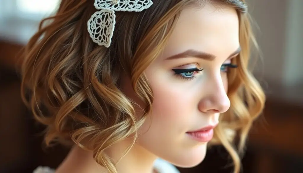 A close-up portrait of a young woman with short, wavy hair adorned with a delicate lace headband. Her face is softly illuminated, the light catching the subtle highlights in her locks. The lace accessory frames her features, adding a touch of romantic elegance. The background is blurred, keeping the focus on the intricate hairstyle and the model's serene expression. The overall mood is one of graceful femininity, perfectly suited for a wedding or special occasion.