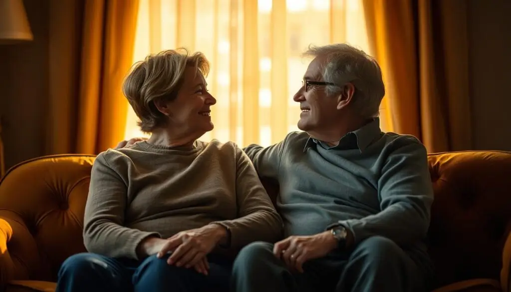 A couple sitting on a plush velvet couch, gazing into each other's eyes with deep affection. The scene is bathed in warm, golden light, creating a cozy, intimate atmosphere. The background is softly blurred, allowing the focus to remain on the couple's shared moment of connection. Their expressions convey a lifetime of cherished memories and a deep, unwavering bond forged over 29 years of marriage. The image evokes a sense of timelessness, inviting the viewer to imagine the rich tapestry of experiences that have woven this couple's lives together. A couple sitting on a plush velvet couch, gazing into each other's eyes with deep affection. The scene is bathed in warm, golden light, creating a cozy, intimate atmosphere. The background is softly blurred, allowing the focus to remain on the couple's shared moment of connection. Their expressions convey a lifetime of cherished memories and a deep, unwavering bond forged over 29 years of marriage. The image evokes a sense of timelessness, inviting the viewer to imagine the rich tapestry of experiences that have woven this couple's lives together.