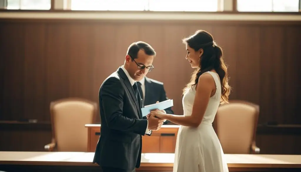 A couple standing before a government official, their hands clasped together, exchanging solemn vows during a civil wedding ceremony. Soft natural lighting filters through the windows, casting a warm glow on their faces. The officiant's desk and a pair of chairs create a sense of formal, yet intimate setting. The couple's expressions convey a profound sense of commitment and joy as they embark on their new life together. The background is blurred, drawing the viewer's focus to the central figures and the significance of this momentous occasion. A couple standing before a government official, their hands clasped together, exchanging solemn vows during a civil wedding ceremony. Soft natural lighting filters through the windows, casting a warm glow on their faces. The officiant's desk and a pair of chairs create a sense of formal, yet intimate setting. The couple's expressions convey a profound sense of commitment and joy as they embark on their new life together. The background is blurred, drawing the viewer's focus to the central figures and the significance of this momentous occasion.