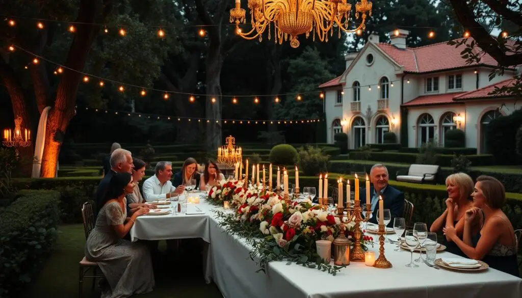 A cozy and elegant celebration space set in a lush garden oasis. The foreground features an ornate long table adorned with a pristine white tablecloth, fine china, and a magnificent centerpiece of fragrant flowers and gleaming candlesticks. Guests are seated around the table, enjoying a lavish meal and sharing joyful conversation under the warm glow of chandeliers and string lights overhead. In the middle ground, towering trees and well-manicured shrubbery create a picturesque natural backdrop, while the background reveals a majestic manor house with grand arched windows and a terracotta roof. The lighting is soft and diffused, casting a romantic ambiance over the serene and timeless scene. A cozy and elegant celebration space set in a lush garden oasis. The foreground features an ornate long table adorned with a pristine white tablecloth, fine china, and a magnificent centerpiece of fragrant flowers and gleaming candlesticks. Guests are seated around the table, enjoying a lavish meal and sharing joyful conversation under the warm glow of chandeliers and string lights overhead. In the middle ground, towering trees and well-manicured shrubbery create a picturesque natural backdrop, while the background reveals a majestic manor house with grand arched windows and a terracotta roof. The lighting is soft and diffused, casting a romantic ambiance over the serene and timeless scene.
