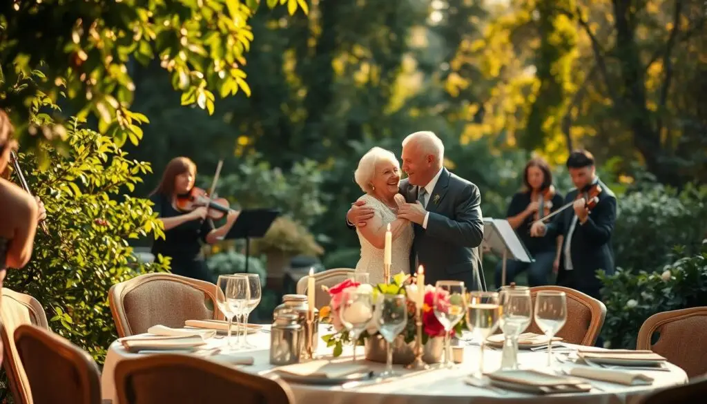 A cozy, intimate gathering celebrating a couple's 55th wedding anniversary. Set in a lush garden with verdant foliage, warm golden lighting filters through the trees, casting a soft glow. In the foreground, an elegant table is laid out with fine china, crystal glassware, and delicate floral arrangements. Surrounding the table, comfortable chairs invite guests to sit and enjoy the occasion. In the middle ground, the elderly couple, dressed in their finest attire, embrace and smile radiantly, their eyes filled with love and contentment. In the background, string musicians serenade the gathering, the melodic notes adding to the peaceful, celebratory atmosphere. An uplifting, joyful scene capturing the beauty and significance of a lifetime of commitment. A cozy, intimate gathering celebrating a couple's 55th wedding anniversary. Set in a lush garden with verdant foliage, warm golden lighting filters through the trees, casting a soft glow. In the foreground, an elegant table is laid out with fine china, crystal glassware, and delicate floral arrangements. Surrounding the table, comfortable chairs invite guests to sit and enjoy the occasion. In the middle ground, the elderly couple, dressed in their finest attire, embrace and smile radiantly, their eyes filled with love and contentment. In the background, string musicians serenade the gathering, the melodic notes adding to the peaceful, celebratory atmosphere. An uplifting, joyful scene capturing the beauty and significance of a lifetime of commitment.