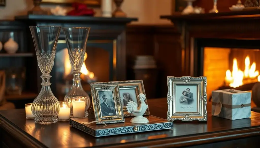 A cozy, intimate gathering of cherished gifts for a 60th wedding anniversary celebration. Elegant crystal vases, polished silver photo frames, and a delicate porcelain figurine sit atop an antique oak table, illuminated by the warm glow of a nearby fireplace. The rich, earthy tones of the room are complemented by the soft, muted lighting, creating a sense of timeless elegance and profound appreciation for the enduring love and commitment shared over six decades. The scene exudes a palpable feeling of reverence, gratitude, and the profound significance of this milestone occasion. A cozy, intimate gathering of cherished gifts for a 60th wedding anniversary celebration. Elegant crystal vases, polished silver photo frames, and a delicate porcelain figurine sit atop an antique oak table, illuminated by the warm glow of a nearby fireplace. The rich, earthy tones of the room are complemented by the soft, muted lighting, creating a sense of timeless elegance and profound appreciation for the enduring love and commitment shared over six decades. The scene exudes a palpable feeling of reverence, gratitude, and the profound significance of this milestone occasion.