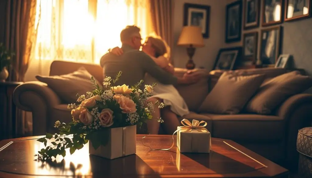 A cozy living room scene, bathed in warm, golden light from a setting sun filtering through lace curtains. In the foreground, a couple sitting on a plush sofa, lost in each other's embrace, celebrating their 50th wedding anniversary. On a polished wooden coffee table, an elegant floral arrangement and a small, intricately-wrapped gift box, hinting at the special surprises the day has in store. The background features framed photographs of the couple through the decades, a testament to their enduring love. The overall atmosphere is one of profound joy, gratitude, and the cherished intimacy of a lifetime shared. A cozy living room scene, bathed in warm, golden light from a setting sun filtering through lace curtains. In the foreground, a couple sitting on a plush sofa, lost in each other's embrace, celebrating their 50th wedding anniversary. On a polished wooden coffee table, an elegant floral arrangement and a small, intricately-wrapped gift box, hinting at the special surprises the day has in store. The background features framed photographs of the couple through the decades, a testament to their enduring love. The overall atmosphere is one of profound joy, gratitude, and the cherished intimacy of a lifetime shared.