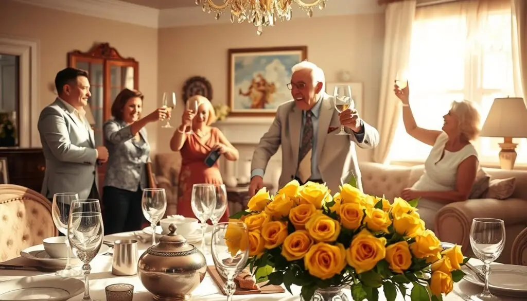 A cozy, sunlit celebration of a golden anniversary. In the foreground, an elegantly laid table adorned with fine china, crystal stemware, and a striking bouquet of golden roses. In the middle ground, an elderly couple, dressed in their finest attire, sharing a loving embrace as family and friends surround them, raising their glasses in toast. The background features a warm, inviting living room, with plush furnishings and decorative details that evoke the timeless elegance of a bygone era. Soft, natural lighting bathes the scene, creating a serene and joyful atmosphere to commemorate 50 years of devoted partnership. A cozy, sunlit celebration of a golden anniversary. In the foreground, an elegantly laid table adorned with fine china, crystal stemware, and a striking bouquet of golden roses. In the middle ground, an elderly couple, dressed in their finest attire, sharing a loving embrace as family and friends surround them, raising their glasses in toast. The background features a warm, inviting living room, with plush furnishings and decorative details that evoke the timeless elegance of a bygone era. Soft, natural lighting bathes the scene, creating a serene and joyful atmosphere to commemorate 50 years of devoted partnership.