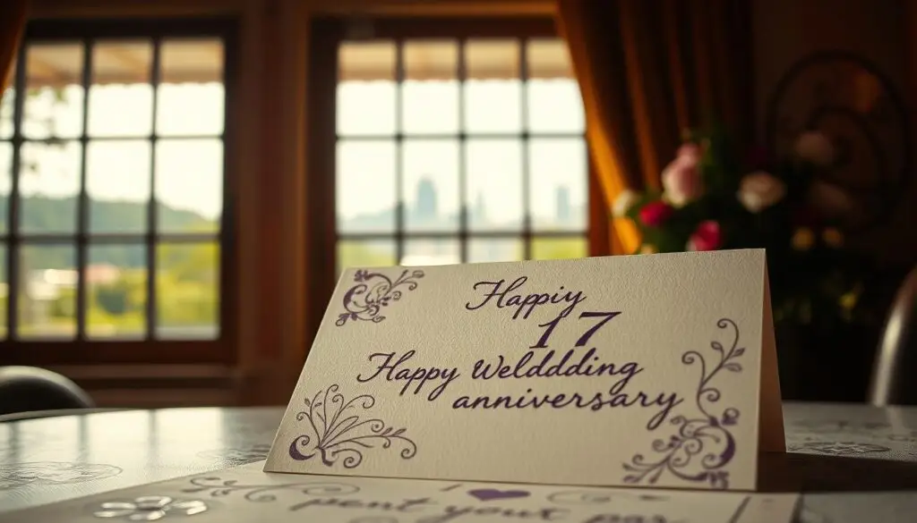 A cozy, warm-lit interior setting with a handwritten anniversary card in the foreground, resting on a table or desk. The card is adorned with delicate, intricate floral patterns and ametyst-hued accents, conveying a sense of elegance and thoughtfulness. In the background, a window displays a tranquil outdoor scene, perhaps a garden or a cityscape, creating a serene and reflective atmosphere. The overall composition evokes a sincere, heartfelt celebration of a 17th wedding anniversary. A cozy, warm-lit interior setting with a handwritten anniversary card in the foreground, resting on a table or desk. The card is adorned with delicate, intricate floral patterns and ametyst-hued accents, conveying a sense of elegance and thoughtfulness. In the background, a window displays a tranquil outdoor scene, perhaps a garden or a cityscape, creating a serene and reflective atmosphere. The overall composition evokes a sincere, heartfelt celebration of a 17th wedding anniversary.
