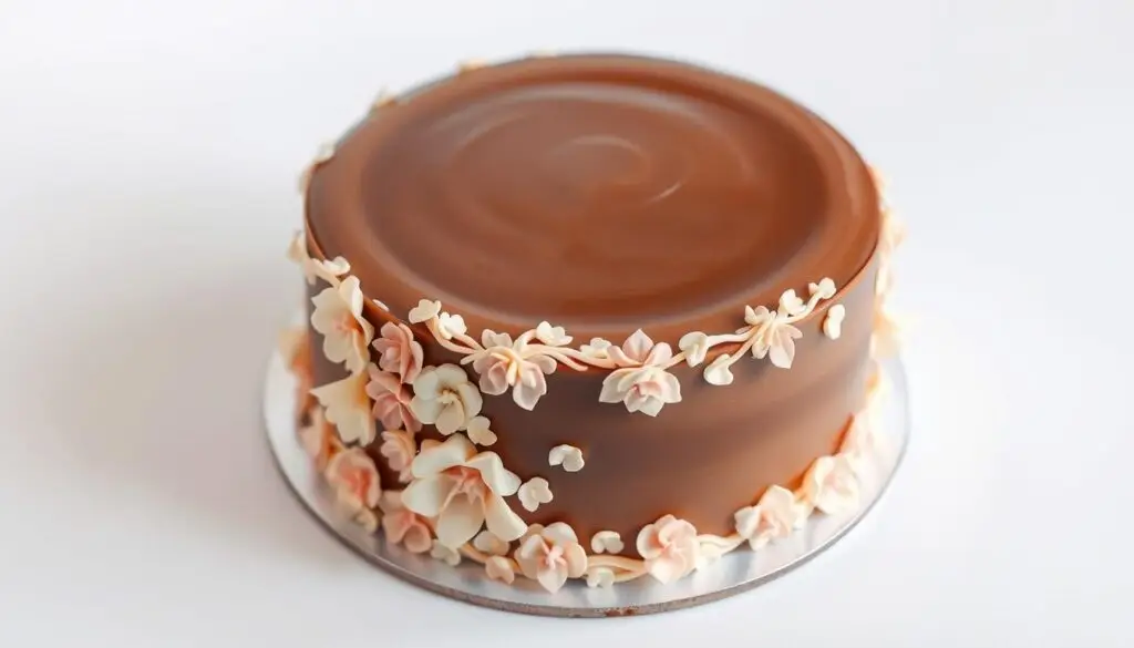 A delectable 2 kg cake, meticulously crafted with a moist, velvety texture. The top is adorned with a smooth, glossy ganache, creating a sophisticated and elegant appearance. Intricate, hand-piped floral decorations in a soft pastel palette cascade down the sides, adding a touch of whimsy and festivity. The cake is positioned on a pristine white backdrop, allowing the exquisite details to shine. Soft, directional lighting highlights the cake's dimensional layers, casting gentle shadows that accentuate its luxurious appeal. The overall composition conveys a sense of timeless sophistication, making it a captivating centerpiece for any special occasion.