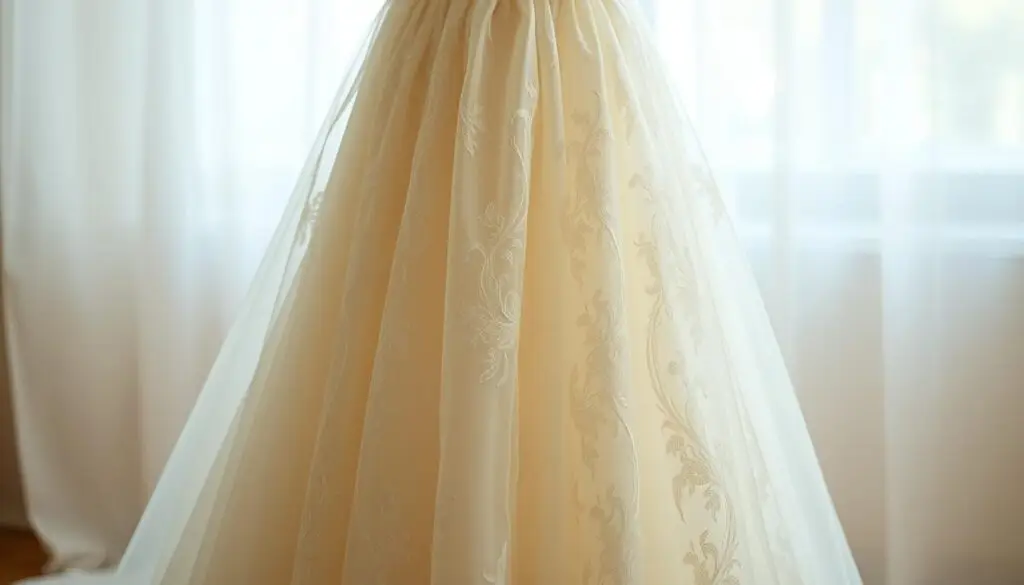 A delicate, shimmering ivory wedding gown, captured in a soft, diffused light. The fabric cascades gracefully, revealing the intricate lace and satin textures that dance across the surface. The dress stands elegantly, its silhouette accentuated by a fitted bodice and a flowing, romantic skirt. In the background, a dreamy, ethereal atmosphere sets the stage, hinting at the timeless elegance of this classic bridal design. Captured with a shallow depth of field, the focus draws the viewer's eye to the exquisite details of the material, highlighting its luxurious and refined appearance. A delicate, shimmering ivory wedding gown, captured in a soft, diffused light. The fabric cascades gracefully, revealing the intricate lace and satin textures that dance across the surface. The dress stands elegantly, its silhouette accentuated by a fitted bodice and a flowing, romantic skirt. In the background, a dreamy, ethereal atmosphere sets the stage, hinting at the timeless elegance of this classic bridal design. Captured with a shallow depth of field, the focus draws the viewer's eye to the exquisite details of the material, highlighting its luxurious and refined appearance.