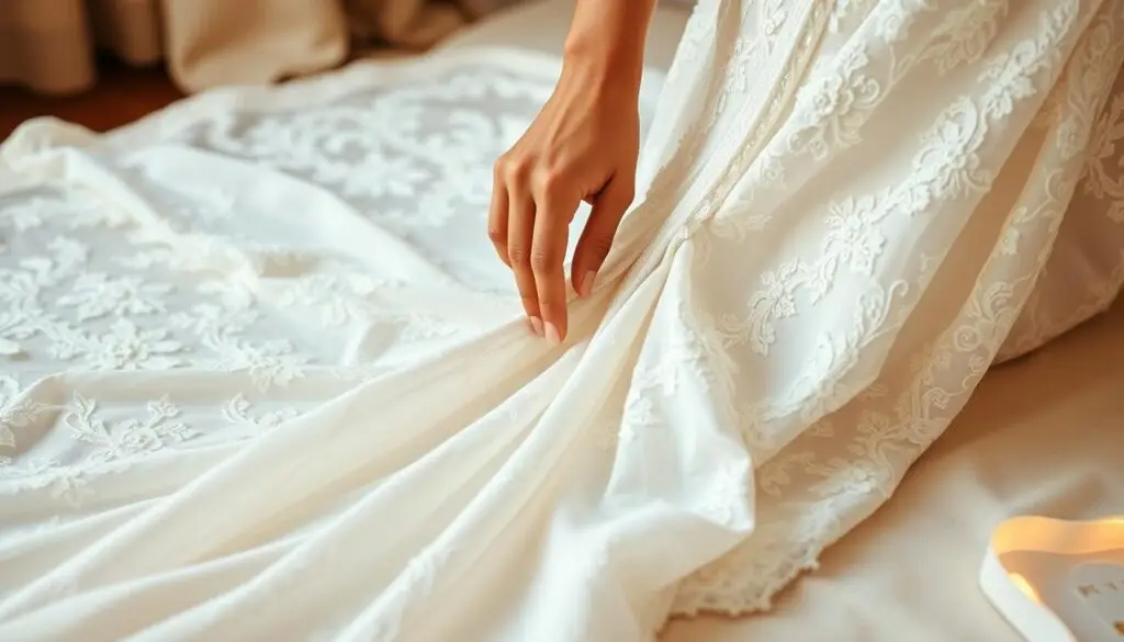 A detailed close-up of a bride's hands carefully arranging the long, flowing train of her white lace wedding dress. The train cascades across a soft, luxurious surface, with delicate folds and pleats that catch the gentle, warm lighting. The bride's fingers deftly manipulate the material, securing it in place with subtle, graceful movements. The background is blurred, keeping the focus on the intricate process of arranging the train. The image conveys a sense of tender care, elegance, and the special moment of preparing for a wedding ceremony. A detailed close-up of a bride's hands carefully arranging the long, flowing train of her white lace wedding dress. The train cascades across a soft, luxurious surface, with delicate folds and pleats that catch the gentle, warm lighting. The bride's fingers deftly manipulate the material, securing it in place with subtle, graceful movements. The background is blurred, keeping the focus on the intricate process of arranging the train. The image conveys a sense of tender care, elegance, and the special moment of preparing for a wedding ceremony.