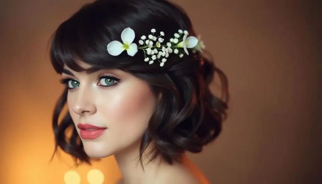 A detailed portrait of a chic and stylish hairstyle for a wedding guest with short hair. The model has shoulder-length, wavy dark brown hair, adorned with a delicate floral headpiece that sits elegantly atop her head. The lighting is soft and diffused, creating a warm, romantic ambiance. The focus is on the model's face, emphasizing her striking features and natural makeup. The background is blurred, keeping the attention on the intricate hairstyle. The overall mood is one of effortless elegance and modern bridal style, perfect for a contemporary, alternative wedding celebration.