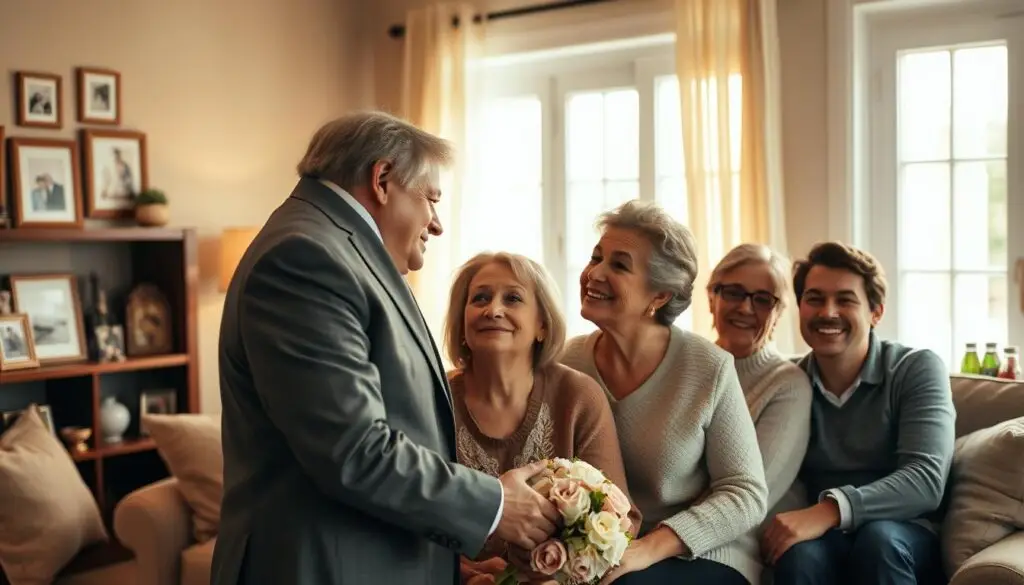 A family of four gathered in a warm, inviting living room setting, celebrating their 29th wedding anniversary. In the foreground, the couple, dressed in formal attire, embraces as they gaze into each other's eyes, their love and commitment palpable. Surrounding them are their two adult children, sitting close and beaming with pride. Soft, diffused lighting filters through the large windows, casting a golden glow on the scene. The background features family photos and cherished mementos, creating a cozy, nostalgic atmosphere. A sense of deep connection and celebration permeates the image, capturing the significance of this milestone anniversary and the role of loved ones in the family's life. A family of four gathered in a warm, inviting living room setting, celebrating their 29th wedding anniversary. In the foreground, the couple, dressed in formal attire, embraces as they gaze into each other's eyes, their love and commitment palpable. Surrounding them are their two adult children, sitting close and beaming with pride. Soft, diffused lighting filters through the large windows, casting a golden glow on the scene. The background features family photos and cherished mementos, creating a cozy, nostalgic atmosphere. A sense of deep connection and celebration permeates the image, capturing the significance of this milestone anniversary and the role of loved ones in the family's life.