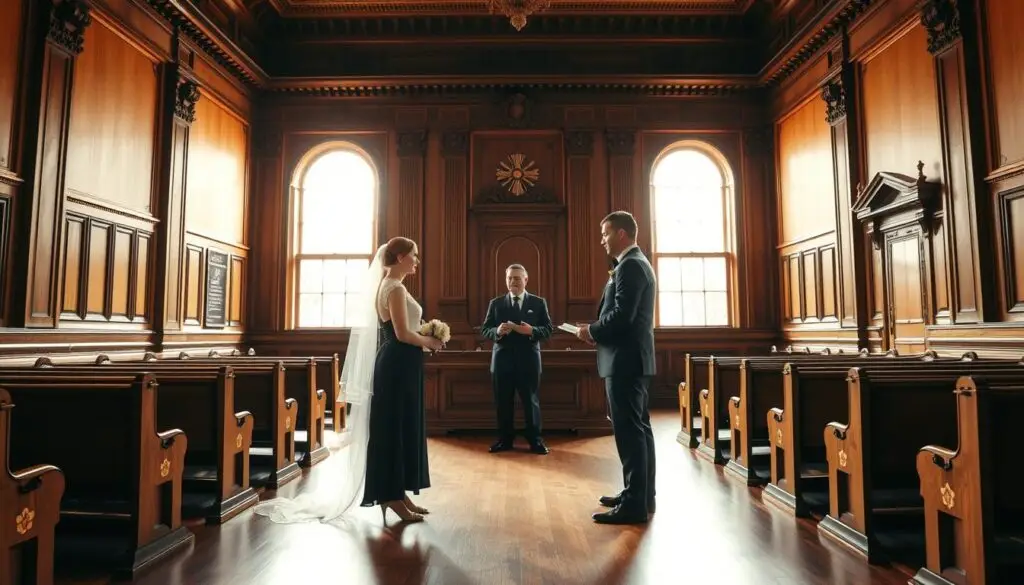 A formal civil wedding ceremony taking place in a dignified courtroom setting. In the foreground, the bride and groom stand side by side, dressed in elegant attire, exchanging vows before a presiding official. The middle ground features rows of wooden benches, creating a sense of solemnity and order. The background is composed of high ceilings, ornate architectural details, and large windows that flood the room with warm, natural light, conveying a sense of gravity and importance. The overall atmosphere is one of solemnity, reverence, and the gravity of the momentous occasion. A formal civil wedding ceremony taking place in a dignified courtroom setting. In the foreground, the bride and groom stand side by side, dressed in elegant attire, exchanging vows before a presiding official. The middle ground features rows of wooden benches, creating a sense of solemnity and order. The background is composed of high ceilings, ornate architectural details, and large windows that flood the room with warm, natural light, conveying a sense of gravity and importance. The overall atmosphere is one of solemnity, reverence, and the gravity of the momentous occasion.