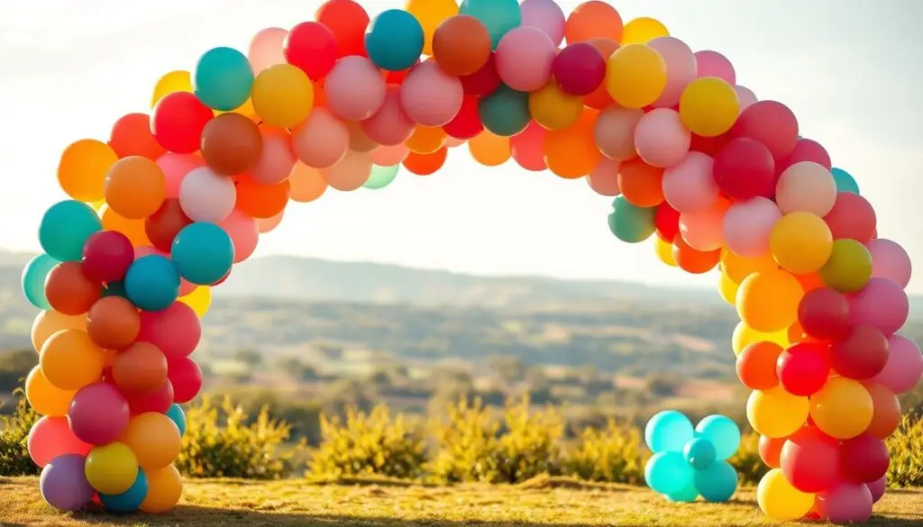 A grand, whimsical wedding arch composed of vibrant, colorful balloons in a variety of sizes and hues, creating a lively, celebratory focal point. The arch is positioned in a sunlit, outdoor setting, with a soft, dreamy lighting that casts a warm, romantic glow. The balloons are arranged in a graceful, asymmetric design, with some floating and others anchored, evoking a sense of movement and playfulness. The background is a blurred, idyllic landscape, allowing the balloon arch to be the central, eye-catching element. The overall mood is one of joy, excitement, and the anticipation of a cherished milestone.