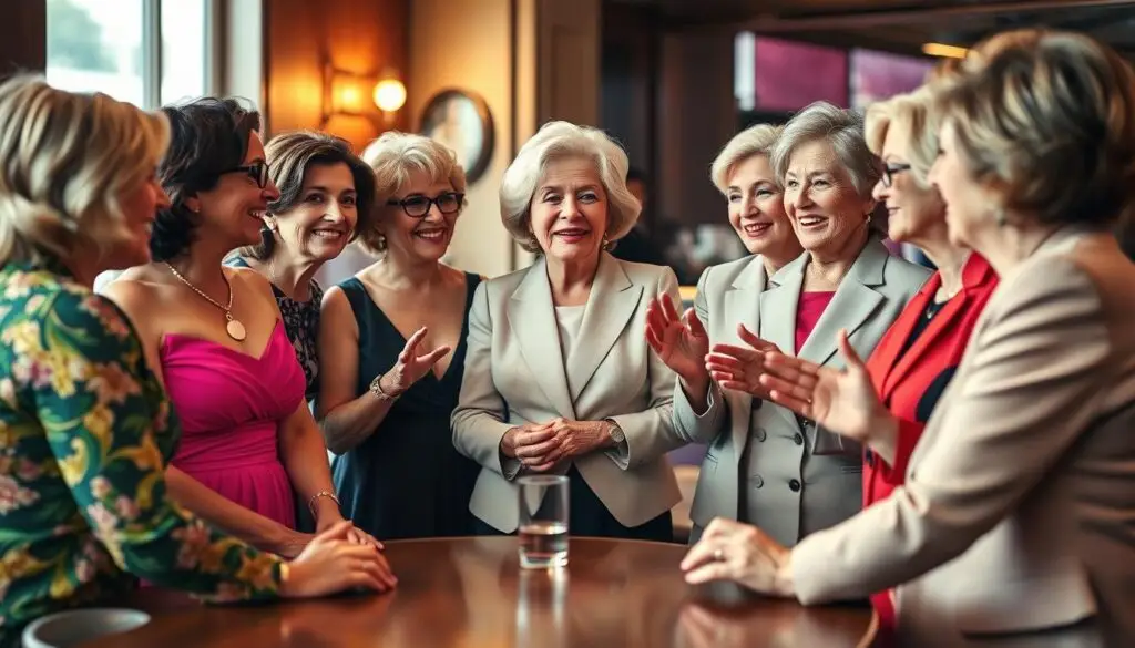 A group of stylish women in their 50s gathered around a table, engaged in a lively discussion. The foreground features their vibrant and diverse outfits, from elegant evening dresses to chic, tailored suits, showcasing their refined fashion sense. The middle ground depicts the women's animated gestures and expressions, conveying a sense of camaraderie and shared experiences. The background is softly blurred, creating a warm and intimate atmosphere, as if captured in a cozy lounge or cafe. The lighting is warm and flattering, highlighting the women's faces and the textures of their clothing. The composition is balanced and visually appealing, drawing the viewer's attention to the women's personal stories and fashion insights.