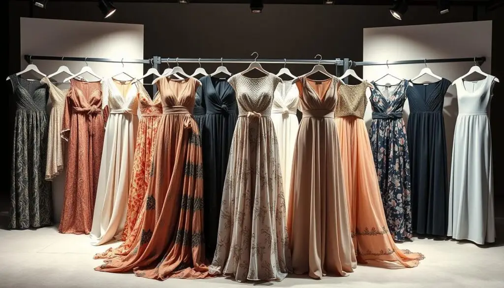 A high-quality, fashion-forward collection of dresses for stylish women over 50, showcased in a range of prices and styles. A beautifully lit studio setup captures the dresses from multiple angles, highlighting the intricate details, flowing fabrics, and elegant silhouettes. The dresses are arranged in an eye-catching display, with the foreground featuring a selection of mid-range dresses in various colors and patterns. The middle ground showcases premium designer dresses in luxurious materials, while the background subtly suggests a range of affordable options for the budget-conscious shopper. The overall mood is one of sophistication, confidence, and a celebration of the timeless beauty of the mature female form.