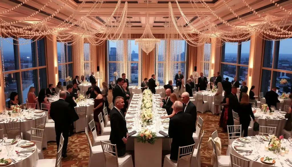 A lavish pearl wedding anniversary celebration in a grand banquet hall. The room is adorned with shimmering pearl-themed decorations - strings of pearls, pearlescent tablecloths, and subtle lighting that casts a warm, glowing ambiance. At the center, a long table is set with fine china, sparkling glassware, and exquisite floral arrangements. Well-dressed guests mingle and dine, enjoying the anniversary festivities. Through large windows, the cityscape outside is visible, suggesting an elegant urban setting. The overall mood is one of sophistication, joy, and reverence for the 30 years of marriage being commemorated. A lavish pearl wedding anniversary celebration in a grand banquet hall. The room is adorned with shimmering pearl-themed decorations - strings of pearls, pearlescent tablecloths, and subtle lighting that casts a warm, glowing ambiance. At the center, a long table is set with fine china, sparkling glassware, and exquisite floral arrangements. Well-dressed guests mingle and dine, enjoying the anniversary festivities. Through large windows, the cityscape outside is visible, suggesting an elegant urban setting. The overall mood is one of sophistication, joy, and reverence for the 30 years of marriage being commemorated.