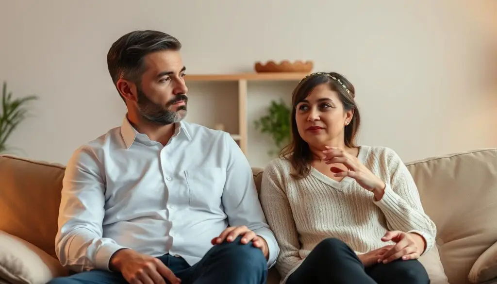 A married couple, one Polish and one Ukrainian, sitting together on a couch against a warm, cozy living room backdrop. The wife is wearing traditional Ukrainian floral headpiece and the husband is in a crisp white shirt. They are engaged in a thoughtful, cross-cultural discussion, with subtle cultural differences visible in their gestures and expressions. The lighting is soft and intimate, creating a sense of harmony and understanding between the two. The overall scene conveys the challenges and joys of navigating cultural differences within a loving relationship.