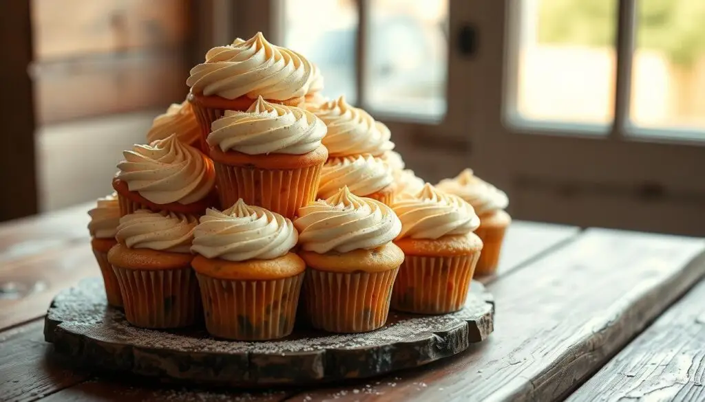 A meticulously arranged wedding muffin cake, its intricate layers of delicate sponge and lush buttercream frosting reflecting the warm glow of natural light filtering through a window. The muffins, adorned with delicate piped designs and a dusting of powdered sugar, are presented on a rustic wooden table, lending a charming, homespun elegance to the scene. The composition is framed by a blurred background, hinting at the grand occasion this delectable dessert is intended to grace. The overall mood is one of refined simplicity, showcasing the thoughtful craftsmanship and cost-effective alternative to a traditional tiered wedding cake. A meticulously arranged wedding muffin cake, its intricate layers of delicate sponge and lush buttercream frosting reflecting the warm glow of natural light filtering through a window. The muffins, adorned with delicate piped designs and a dusting of powdered sugar, are presented on a rustic wooden table, lending a charming, homespun elegance to the scene. The composition is framed by a blurred background, hinting at the grand occasion this delectable dessert is intended to grace. The overall mood is one of refined simplicity, showcasing the thoughtful craftsmanship and cost-effective alternative to a traditional tiered wedding cake.
