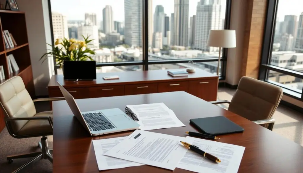 A modern, well-lit office interior with a stylish wooden desk and matching chairs. On the desk, various legal documents and a laptop are neatly arranged, representing the important process of updating civil law contracts after marriage. In the background, a large window offers a scenic view of a cityscape, creating a sense of professionalism and sophistication. The overall atmosphere is one of organization, diligence, and attention to detail, reflecting the careful considerations required when navigating the legal implications of marital status changes. A modern, well-lit office interior with a stylish wooden desk and matching chairs. On the desk, various legal documents and a laptop are neatly arranged, representing the important process of updating civil law contracts after marriage. In the background, a large window offers a scenic view of a cityscape, creating a sense of professionalism and sophistication. The overall atmosphere is one of organization, diligence, and attention to detail, reflecting the careful considerations required when navigating the legal implications of marital status changes.