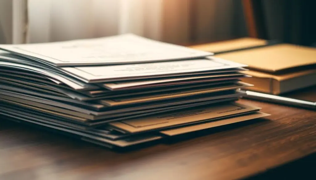 A neatly organized stack of educational documents, including certificates, diplomas, and transcripts, resting on a wooden desk. Soft, warm lighting casts a gentle glow, creating a contemplative atmosphere. The documents are arranged with care, reflecting the importance of this transition in life. The foreground is in sharp focus, while the background is subtly blurred, directing the viewer's attention to the central subject. The overall scene conveys a sense of order, accomplishment, and the thoughtful management of one's educational records after a marriage. A neatly organized stack of educational documents, including certificates, diplomas, and transcripts, resting on a wooden desk. Soft, warm lighting casts a gentle glow, creating a contemplative atmosphere. The documents are arranged with care, reflecting the importance of this transition in life. The foreground is in sharp focus, while the background is subtly blurred, directing the viewer's attention to the central subject. The overall scene conveys a sense of order, accomplishment, and the thoughtful management of one's educational records after a marriage.