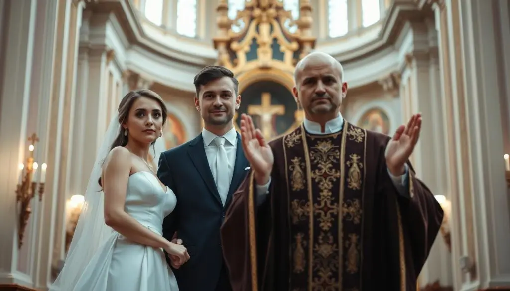 A pair of well-dressed individuals, a Ukrainian woman and a Polish man, stand side by side against a backdrop of a grand, ornate church. The woman wears a flowing white gown, her hair elegantly styled, while the man dons a sharp suit. The couple's expressions convey a sense of solemnity and celebration, reflecting the gravity of their religious wedding ceremony. In the foreground, an officiant in traditional ecclesiastical robes presides over the union, their hands raised in benediction. Soft, diffused lighting casts a warm, reverent glow over the scene, while the intricate architectural details of the church interior lend an air of grandeur and timelessness. This image powerfully juxtaposes the spiritual significance of a church wedding with the legal formalities of a civil ceremony.