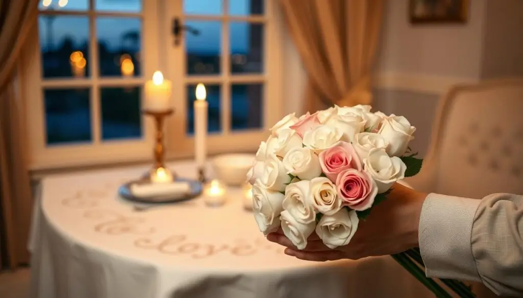 A romantic anniversary celebration in a serene, candlelit setting. In the foreground, a pair of hands gently clasping a bouquet of white and pink roses, symbolizing eternal love. The middle ground features a delicately embroidered tablecloth, fine china, and a single flickering candle, evoking an intimate, elegant atmosphere. In the background, a softly blurred window displays a nighttime skyscape, creating a cozy, warm ambiance. Muted, harmonious tones of beige, gold, and blush pink convey a sense of timeless sophistication and cherished memories. The composition should feel balanced, tranquil, and inviting, reflecting the profound bond and affection of a lifelong partnership. A romantic anniversary celebration in a serene, candlelit setting. In the foreground, a pair of hands gently clasping a bouquet of white and pink roses, symbolizing eternal love. The middle ground features a delicately embroidered tablecloth, fine china, and a single flickering candle, evoking an intimate, elegant atmosphere. In the background, a softly blurred window displays a nighttime skyscape, creating a cozy, warm ambiance. Muted, harmonious tones of beige, gold, and blush pink convey a sense of timeless sophistication and cherished memories. The composition should feel balanced, tranquil, and inviting, reflecting the profound bond and affection of a lifelong partnership.