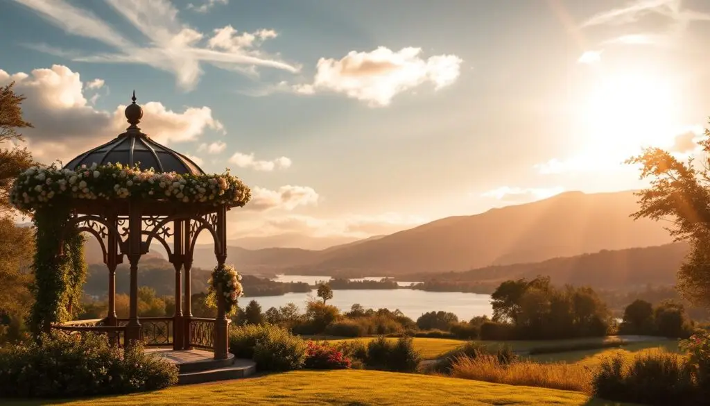 A serene and romantic landscape, bathed in warm, golden sunlight filtering through wispy clouds. In the foreground, a picturesque gazebo or pavilion, its ornate architecture and lush, flowering vines creating an idyllic setting for a wedding anniversary celebration. The middle ground features a tranquil lake or pond, its gently rippling surface reflecting the surrounding natural beauty. In the distance, rolling hills or a majestic mountain range provide a breathtaking backdrop, conveying a sense of timelessness and grandeur. The overall atmosphere is one of tranquility, elegance, and deep, abiding love. A serene and romantic landscape, bathed in warm, golden sunlight filtering through wispy clouds. In the foreground, a picturesque gazebo or pavilion, its ornate architecture and lush, flowering vines creating an idyllic setting for a wedding anniversary celebration. The middle ground features a tranquil lake or pond, its gently rippling surface reflecting the surrounding natural beauty. In the distance, rolling hills or a majestic mountain range provide a breathtaking backdrop, conveying a sense of timelessness and grandeur. The overall atmosphere is one of tranquility, elegance, and deep, abiding love.