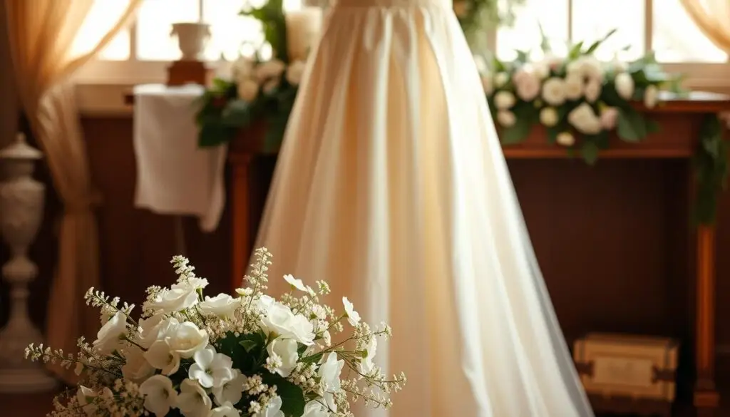 A serene and timeless wedding dress in a soft ivory hue, standing elegantly against a backdrop of traditional wedding elements. The dress features delicate lace and satin details, with a classic A-line silhouette that cascades gracefully. The lighting is warm and natural, casting a gentle glow on the fabric and accentuating the dress's timeless beauty. In the foreground, a bouquet of fragrant white flowers, a symbol of purity and tradition, complements the dress perfectly. The overall scene evokes a sense of reverence and respect for the time-honored customs that surround a wedding ceremony. A serene and timeless wedding dress in a soft ivory hue, standing elegantly against a backdrop of traditional wedding elements. The dress features delicate lace and satin details, with a classic A-line silhouette that cascades gracefully. The lighting is warm and natural, casting a gentle glow on the fabric and accentuating the dress's timeless beauty. In the foreground, a bouquet of fragrant white flowers, a symbol of purity and tradition, complements the dress perfectly. The overall scene evokes a sense of reverence and respect for the time-honored customs that surround a wedding ceremony.
