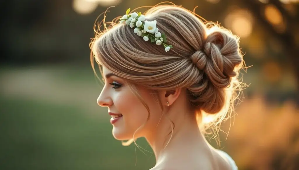A sophisticated updo for a blushing bride, with short hair elegantly styled into a chic half-updo, secured by a handcrafted floral headband. Delicate tendrils frame the face, creating a soft, romantic look. The image is captured in warm, golden-hour lighting, with a dreamy, out-of-focus background hinting at the joy of the occasion. The overall aesthetic is one of effortless elegance, perfectly suited for a DIY wedding hairstyle.