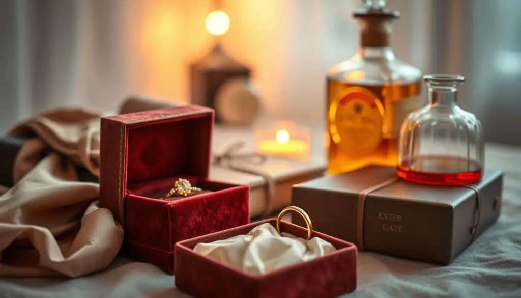A still life scene capturing the elegance of anniversary gifts. In the foreground, a plush, velvet-textured box sits open, revealing a gleaming golden anniversary ring nestled on a bed of soft satin. Around it, an assortment of other luxurious presents - a silk scarf, a leather-bound journal, and a crystal decanter filled with amber-colored liquor. Soft, warm lighting casts a glowing, intimate ambiance, while the background blurs into a hazy, romantic setting suggestive of a cozy, domestic interior. The overall composition exudes a sense of thoughtfulness, care, and the timeless beauty of a long-cherished union. A still life scene capturing the elegance of anniversary gifts. In the foreground, a plush, velvet-textured box sits open, revealing a gleaming golden anniversary ring nestled on a bed of soft satin. Around it, an assortment of other luxurious presents - a silk scarf, a leather-bound journal, and a crystal decanter filled with amber-colored liquor. Soft, warm lighting casts a glowing, intimate ambiance, while the background blurs into a hazy, romantic setting suggestive of a cozy, domestic interior. The overall composition exudes a sense of thoughtfulness, care, and the timeless beauty of a long-cherished union.