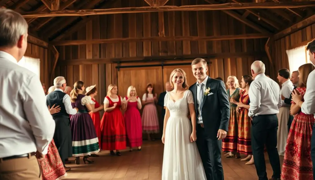 A traditional Polish wedding scene, captured in a warm, vibrant hue. In the foreground, a couple dressed in formal attire stands hand-in-hand, their faces aglow with joy. Around them, guests in traditional Polish folk costumes dance and celebrate, their colorful garments swirling as they move. In the background, a rustic wooden barn serves as a backdrop, with a thatched roof and weathered beams. Overhead, a soft, golden light filters through the windows, casting a cozy, intimate atmosphere over the joyous gathering. The scene evokes a sense of timeless tradition and the deep-rooted cultural heritage of Polish marriage rituals. A traditional Polish wedding scene, captured in a warm, vibrant hue. In the foreground, a couple dressed in formal attire stands hand-in-hand, their faces aglow with joy. Around them, guests in traditional Polish folk costumes dance and celebrate, their colorful garments swirling as they move. In the background, a rustic wooden barn serves as a backdrop, with a thatched roof and weathered beams. Overhead, a soft, golden light filters through the windows, casting a cozy, intimate atmosphere over the joyous gathering. The scene evokes a sense of timeless tradition and the deep-rooted cultural heritage of Polish marriage rituals.