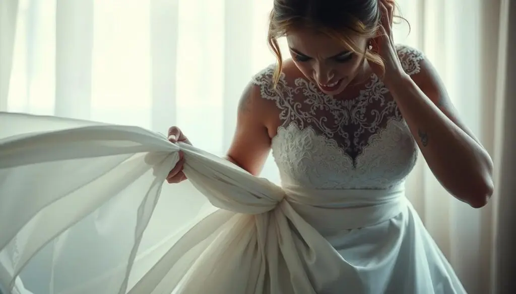 A troubled bride struggles with the train of her wedding gown, the delicate fabric bunched and twisted as she navigates the scene. Soft, diffused lighting bathes the frame, casting a bittersweet, pensive mood. The bride's expression is one of frustration, her brow furrowed as she attempts to untangle the troublesome train. The background is subtly blurred, keeping the focus on the bride's predicament. Detailed textures in the gown's lace and satin evoke the challenges of managing a long, voluminous train. The image conveys the common, relatable problems a bride may face when dealing with an unwieldy train on her special day. A troubled bride struggles with the train of her wedding gown, the delicate fabric bunched and twisted as she navigates the scene. Soft, diffused lighting bathes the frame, casting a bittersweet, pensive mood. The bride's expression is one of frustration, her brow furrowed as she attempts to untangle the troublesome train. The background is subtly blurred, keeping the focus on the bride's predicament. Detailed textures in the gown's lace and satin evoke the challenges of managing a long, voluminous train. The image conveys the common, relatable problems a bride may face when dealing with an unwieldy train on her special day.